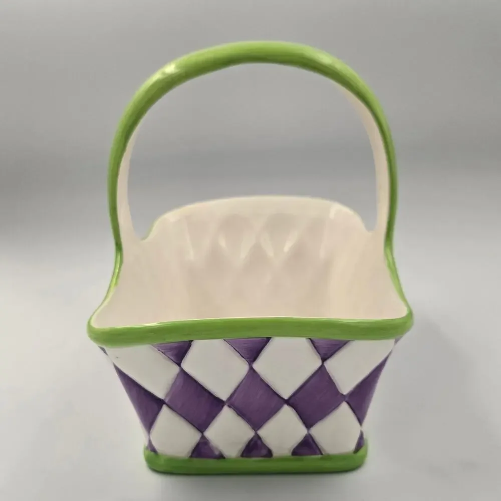 Teleflora Purple White Diamond Checkered Ceramic Basket Planter Green Handle